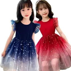 Girls Starry Sky Gradient Princess Dress Summer Sleeveless Fashion Gauze Dress New Years Children's Birthday Party Present