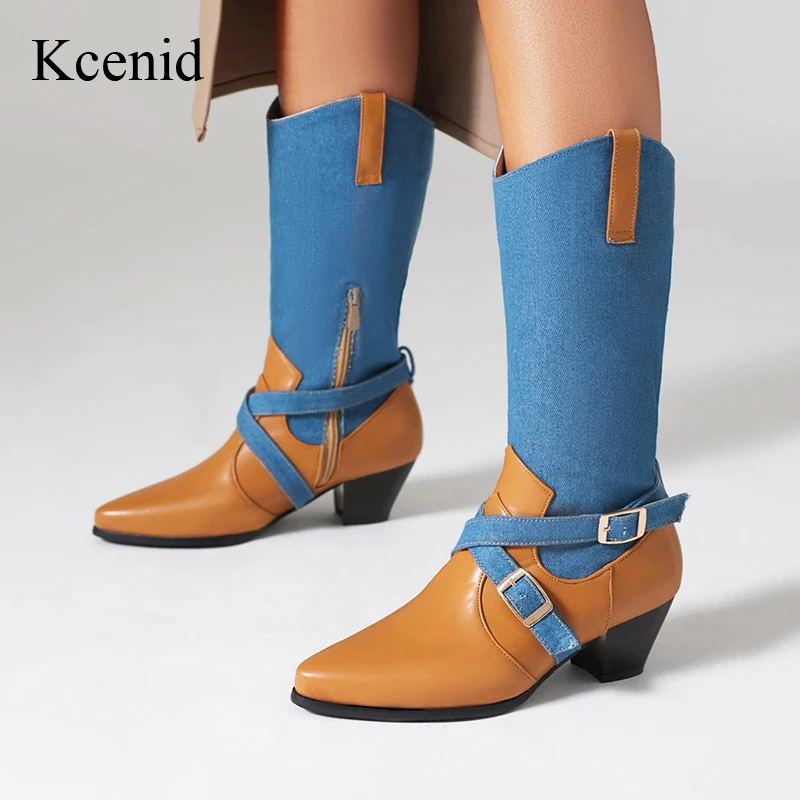 

Kcenid Autumn Winter 2024 Fashion Pointed Toe Designer Shoes Woman Mixed Colors Cowboy Boots For Women Square Heel Modern Boots