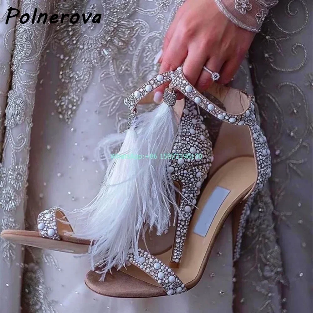 Crystal Feather Nude Sandals Fringe Straight Strap Thin Heels Zipper Shoes Ladies Wedding Elegant Luxury Stiletto Shoes