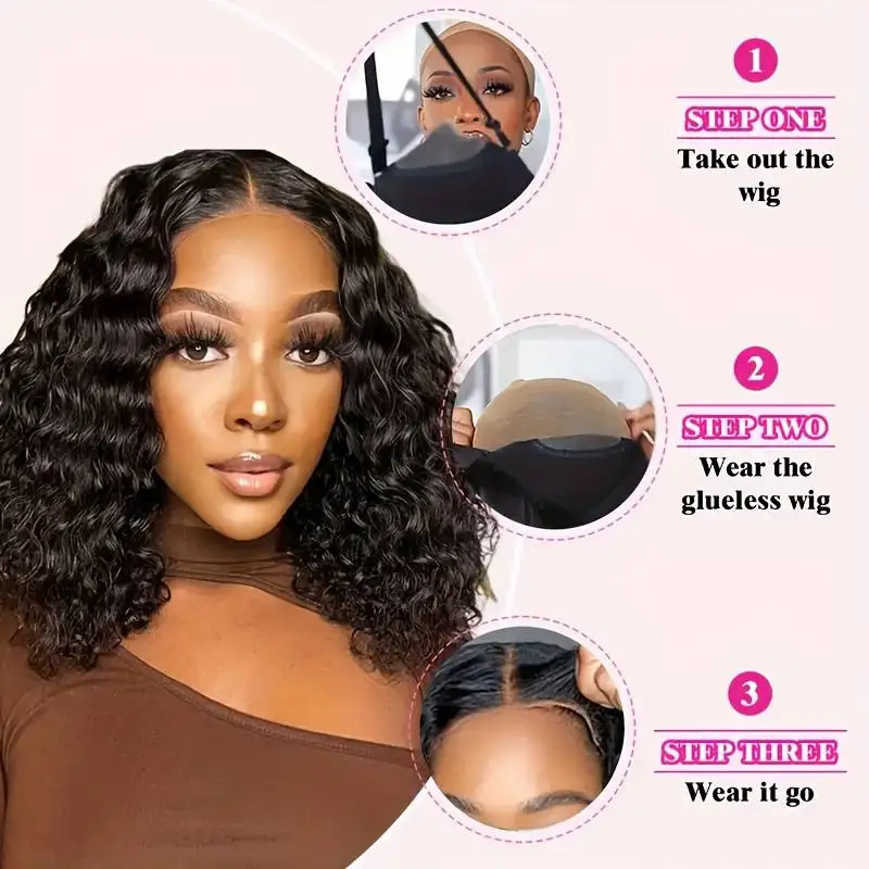 プレカット接着剤不要ナチュラルカーリーウェーブ4x4ボブウィッグカーリー10インチグルーレスウィッグ人毛ウィッグHDレースフロントウィッグ女性用