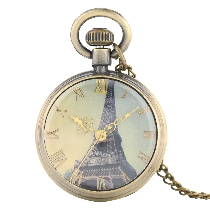 Retro Eiffel Tower Dial Men Women Quartz Pocket Watch Roman Numeral Watches Necklace Pendant Chain Clock Open Face Timepiece