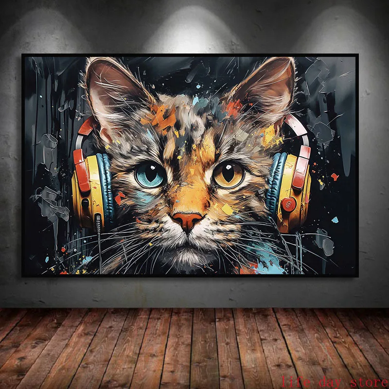 Animal Colorful Cute Cat Bulldog Headphone Dj Music Poster Canvas Print Painting  Wall Art Picture Internet Bar Room Decor Gift