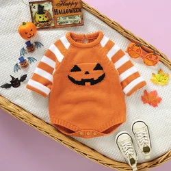 2023-06-24 Lioraitiin 0-18M Baby Boy Girl Sweater Halloween Bodysuit Striped Long Sleeve Round Neck Pumpkin Face Print Jumpsuit