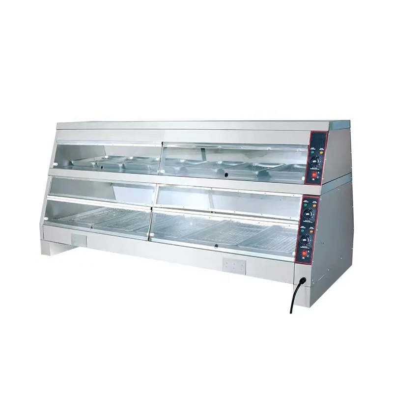 

5 pans 2-layer dining table food warmer display case, curved glass with rear sliding door