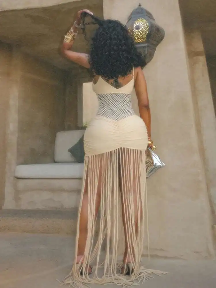 

Прозрачное длинное платье с вырезами, женское праздничное платье с кисточками и высокой талией без рукавов на бретелях, женский вечерний клубный халат с открытой спиной