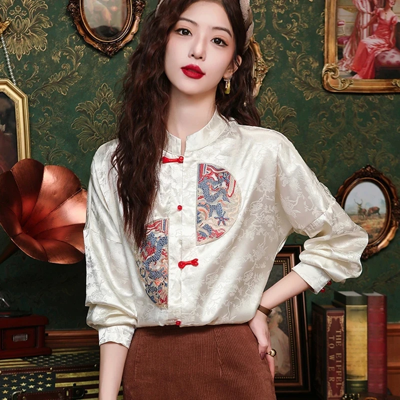 Ethnic Style Chinese Embroidery Horse Face Shirt for Women 2025 Retro Chinese Style Button up Collar Jacquard Long Sleeved Shirt