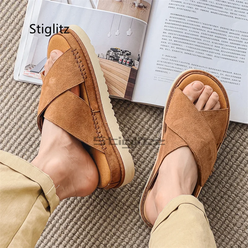 

Suede Leather Slippers for Men Summer Outside Flat with Couple Sandals Women Brown Black Thick Soled Beach Casual Couple Shoes