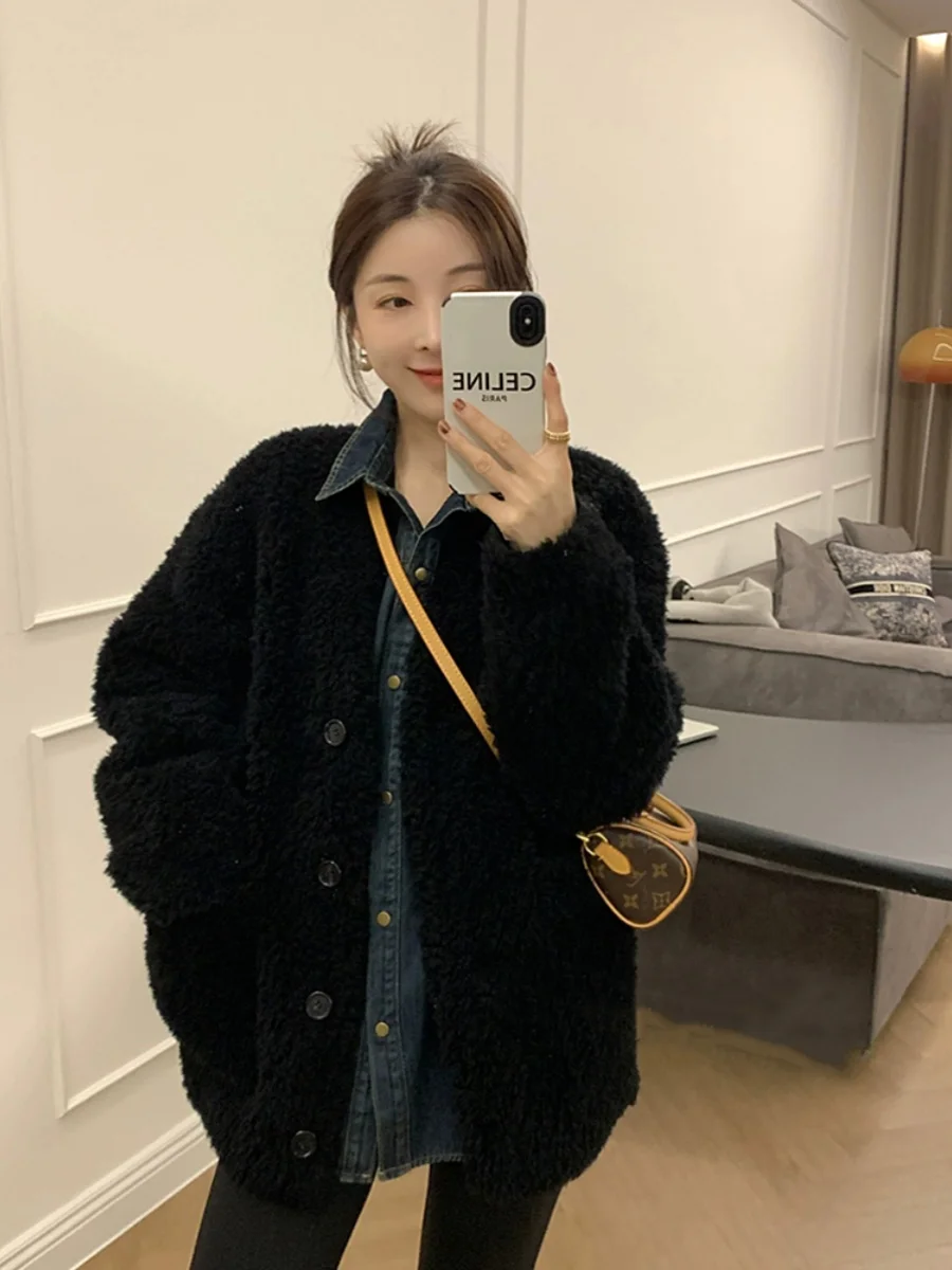 فرو الضأن Jaet V-Ne زر واحد Thiened فضفاض صالح Faionable شتاء جديد الملابس النسائية التخسيس الأعلى