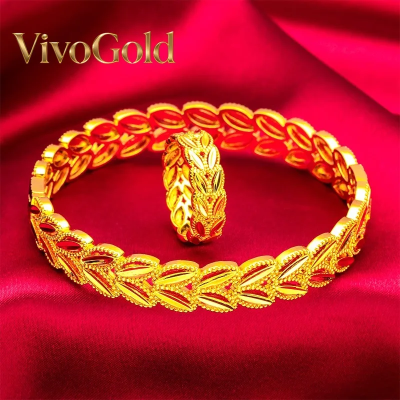 

Набор из браслета и кольца VivoGold9999 из настоящего золота 24K для женщин, браслет в стиле «листовая лоза», кольцо, золотые украшения в подарок