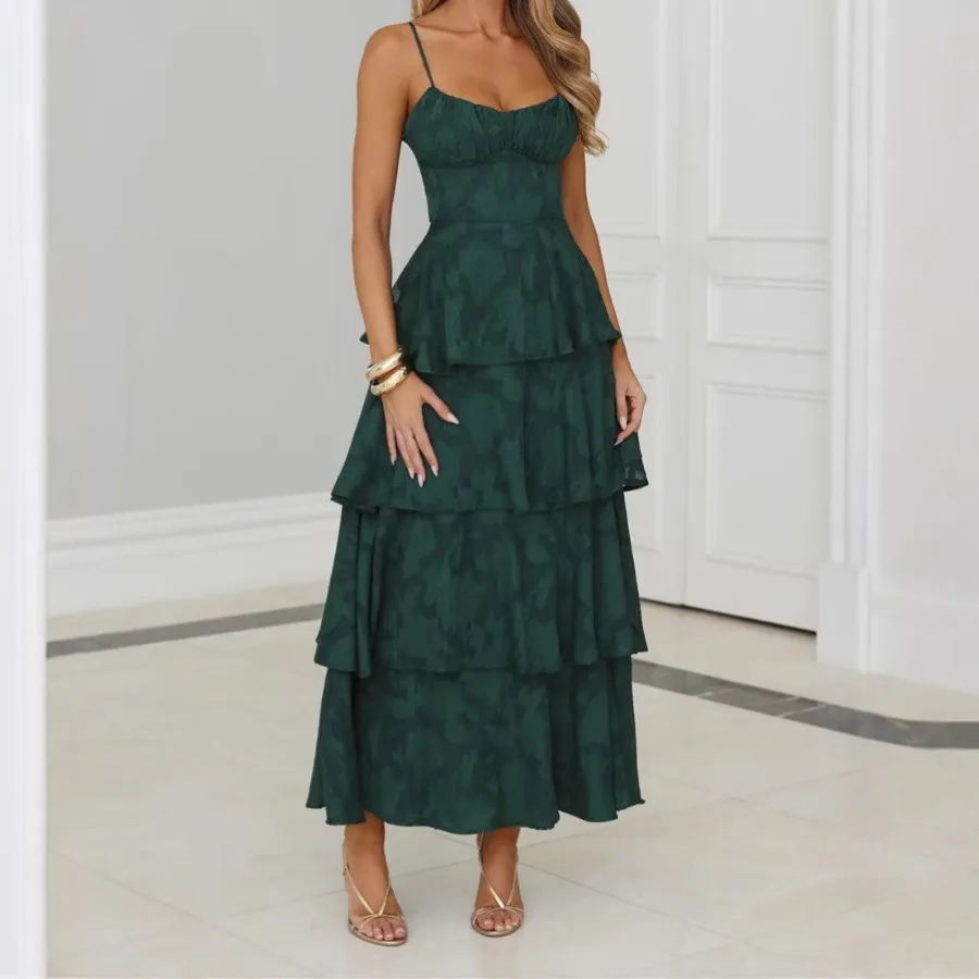 

【New style】2026 women's clothing sexy backless suspender jacquard cake dress pleated lace fashionable slim dress