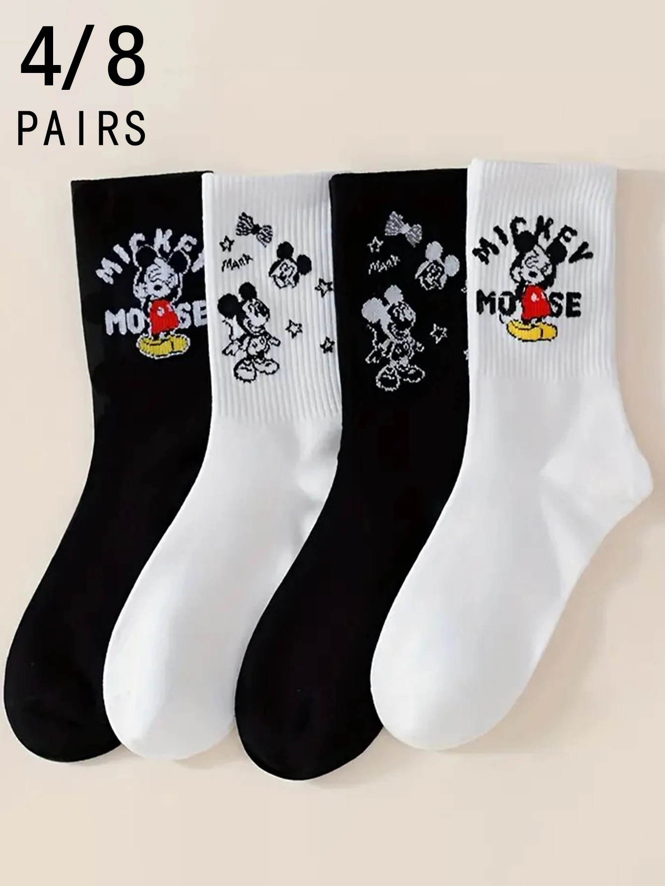

4/8 Pairs of miniso Academic style Disney Cartoon Character Mickey Mouse pattern Comfortable Soft Women's Mid-Calf Sock