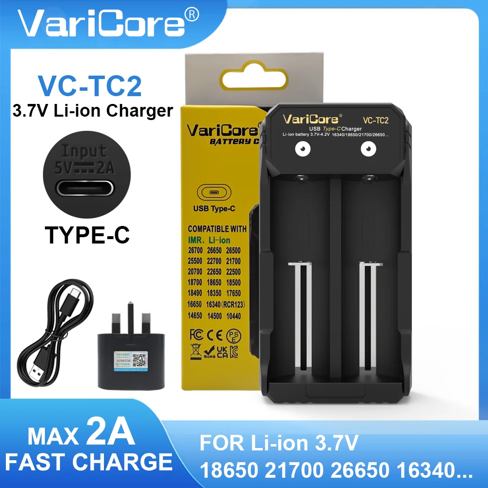 VariCore VC-TC2 18650 شاحن بطارية 3.7 فولت ليثيوم أيون 14500 21700 26650 18500 16340 ماكس 2A مخصص آمن شحن سريع