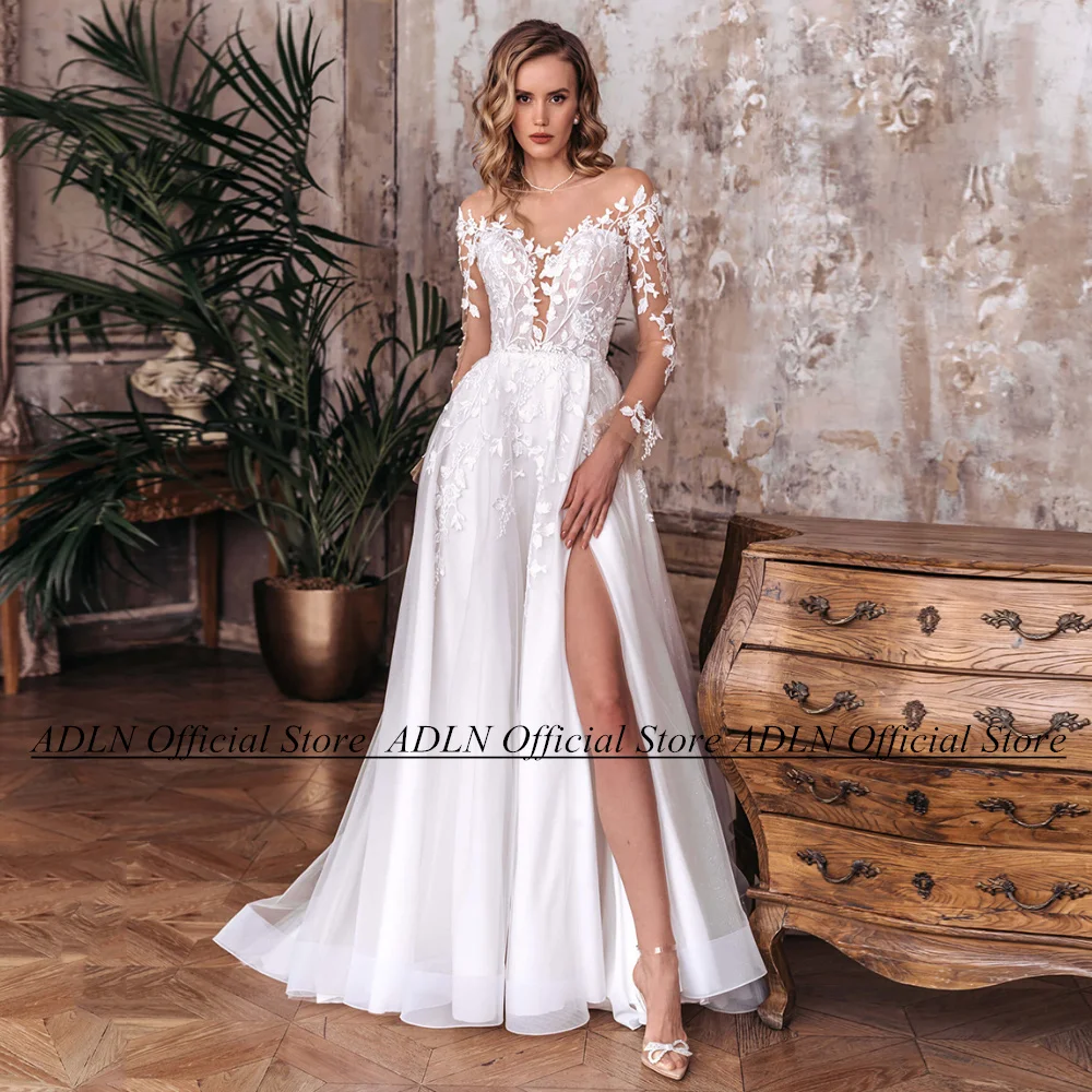 Sexy Boho Wedding Dresses for Bride Sheer Long Sleeve Scoop Neck Applique Backless Slit Sweep Train Bridal Gown Robe De Mariee