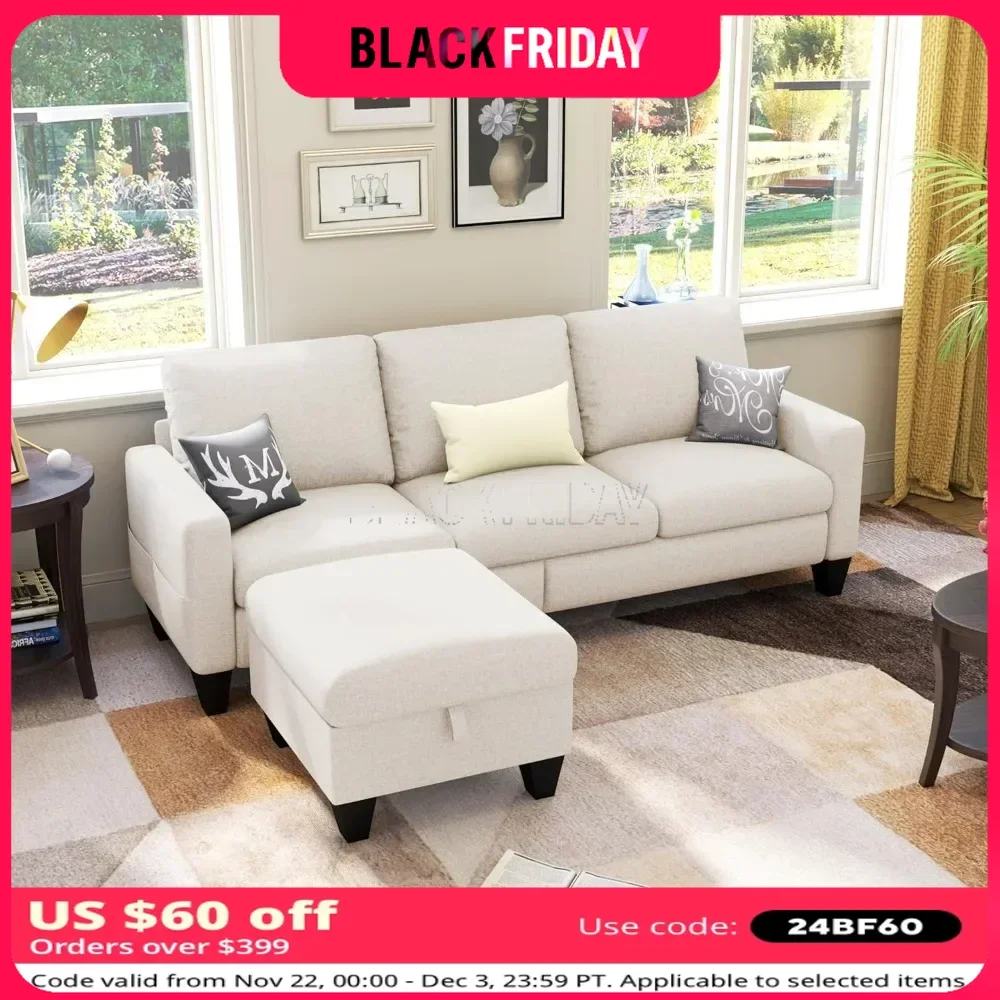 Sectional Sofa Couch with Storage Ottoman Modern Linen Fabric Couches for Living Room 78'' Convertible 3 Seat L-Shaped Couch