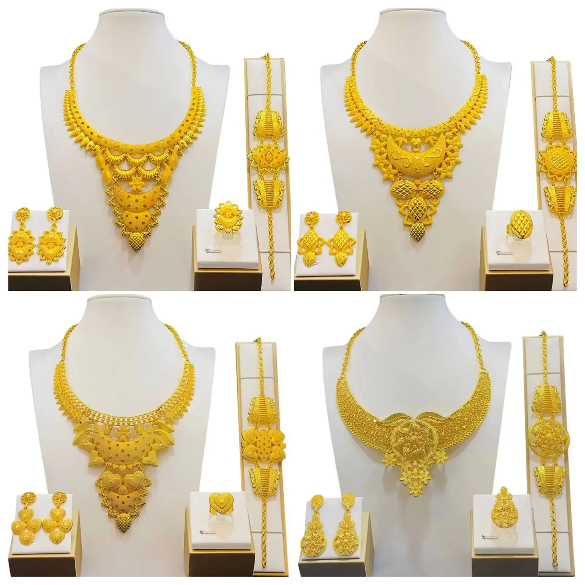 Dubai Fashion Hot Selling 24K Gold Jewelry Set For Woman Wholesale Bridal Sand Necklace Hand Ring Earrings Africa Thailand