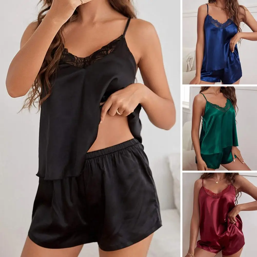 2Pcs/Set Spaghetti Strap V-neck Sleeveless Pajama Set Elastic Waist Loose Fit Women Lace Stitching Smooth Satin Vest Shorts Set