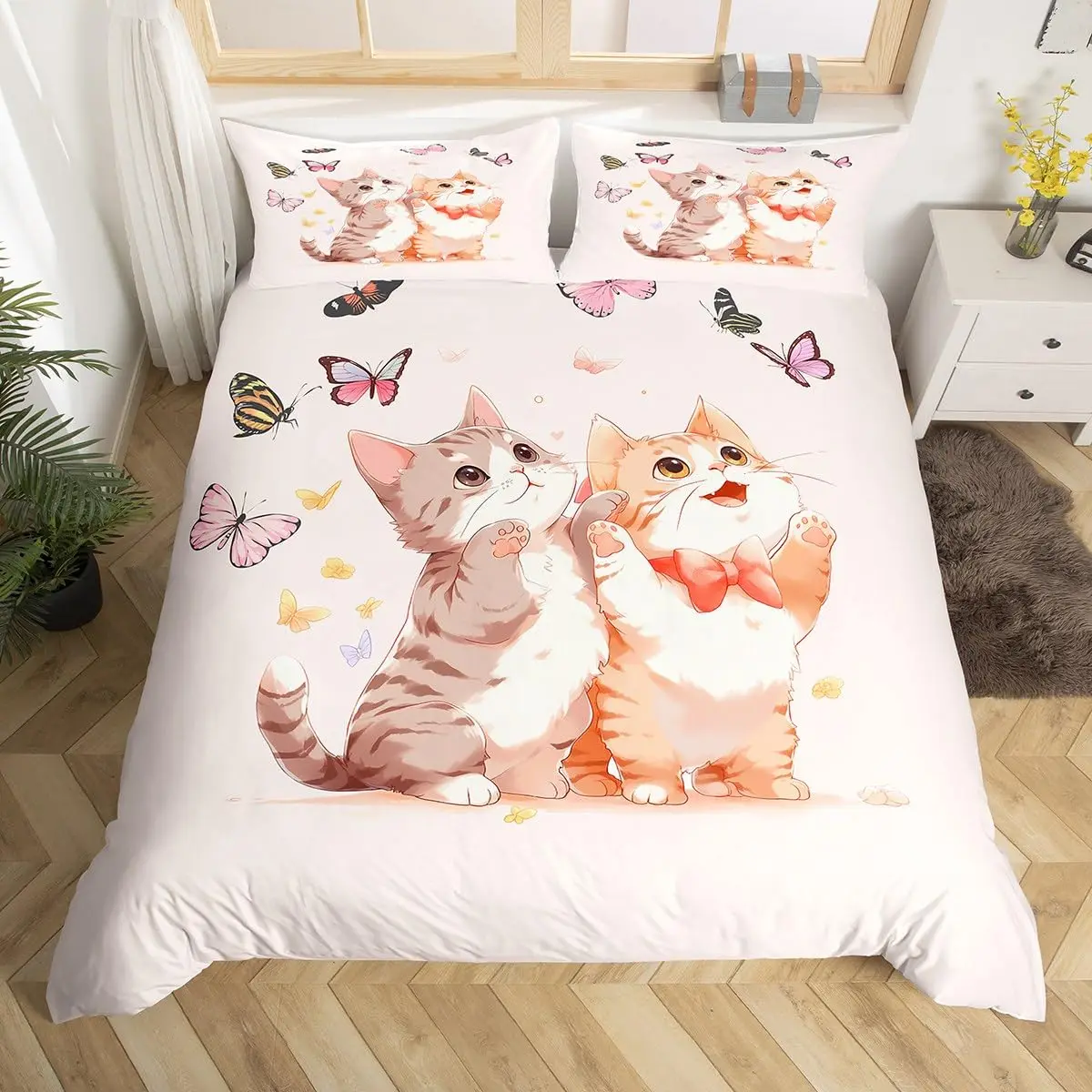 Kawaii Cat Duvet Cover Pink Bowknot Kitten Bedding Set Sweet Pet Animal Comforter Cover Princess Bow Girly Polyester Quilt Cover