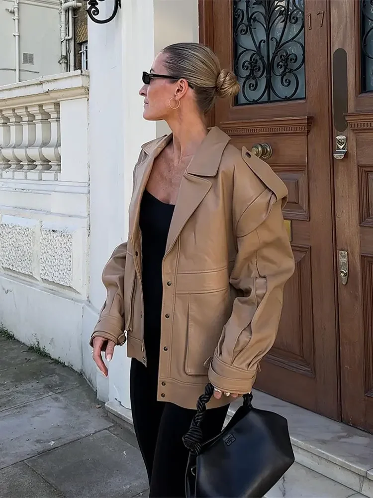 Women Fashion Solid Single Breasted Loose Leather Jacket Elegant Lapel Long Sleeves Pocket Short Coat Autumn Lady Street Outwear