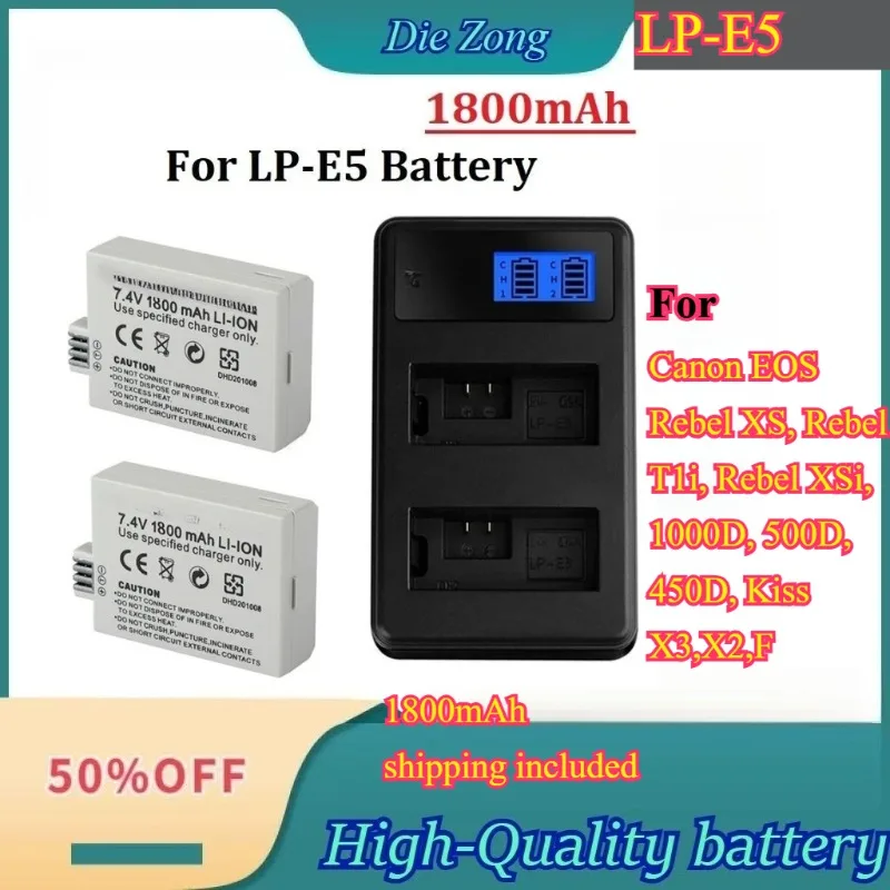 

1800mAh LP-E5 LP E5 LPE5 Battery LED Dual Charger For Canon EOS Rebel XS, Rebel T1i, Rebel XSi, 1000D, 500D, 450D, Kiss X3,X2,F