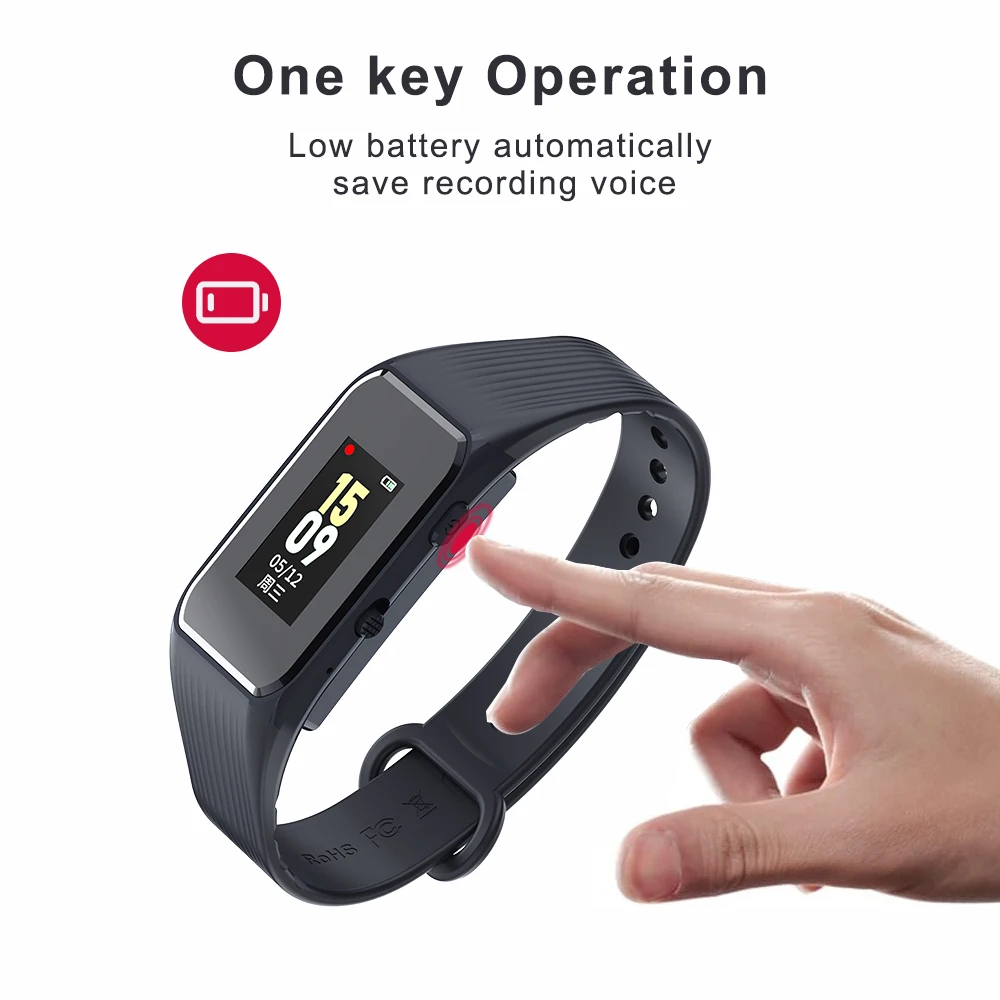 Vandlion V67 مسجل الصوت الرقمي المنشط سوار ساعة الحد من الضوضاء HD تسجيل بنقرة واحدة تسجيل الإملاء