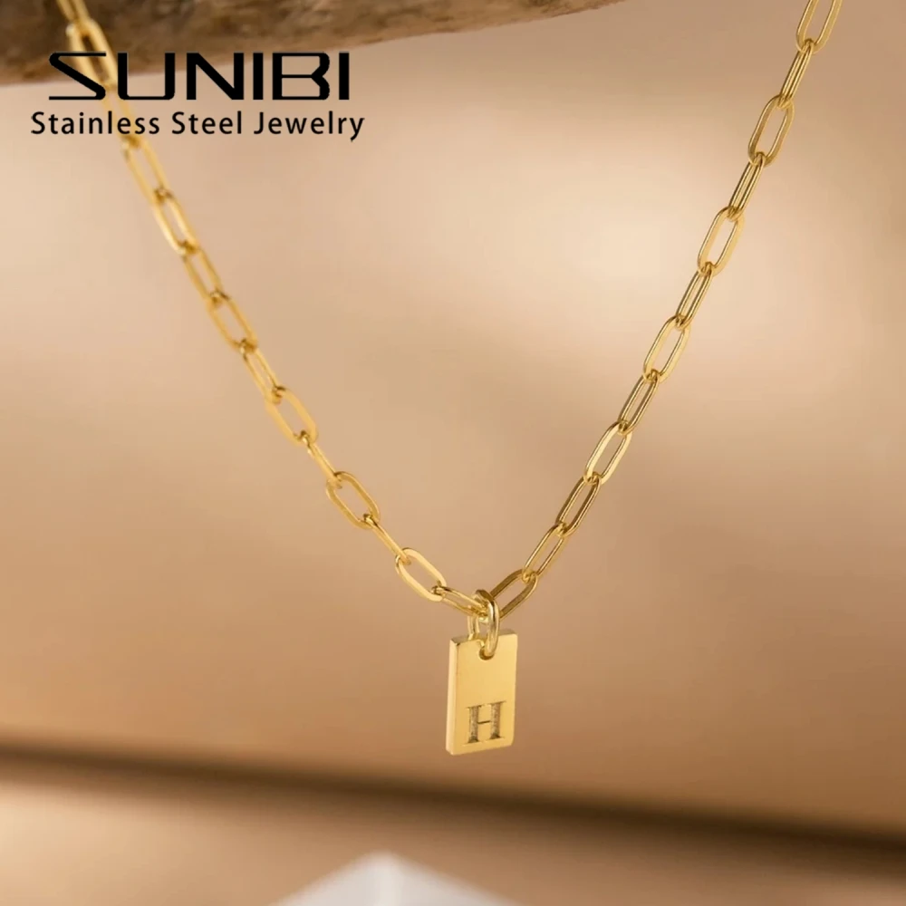 SUNIBI Fashion Unisex Women\'s Necklace Stainless Steel Gold Color 26 Initial Square Pendant Necklace for Women Jewelry Wholesale