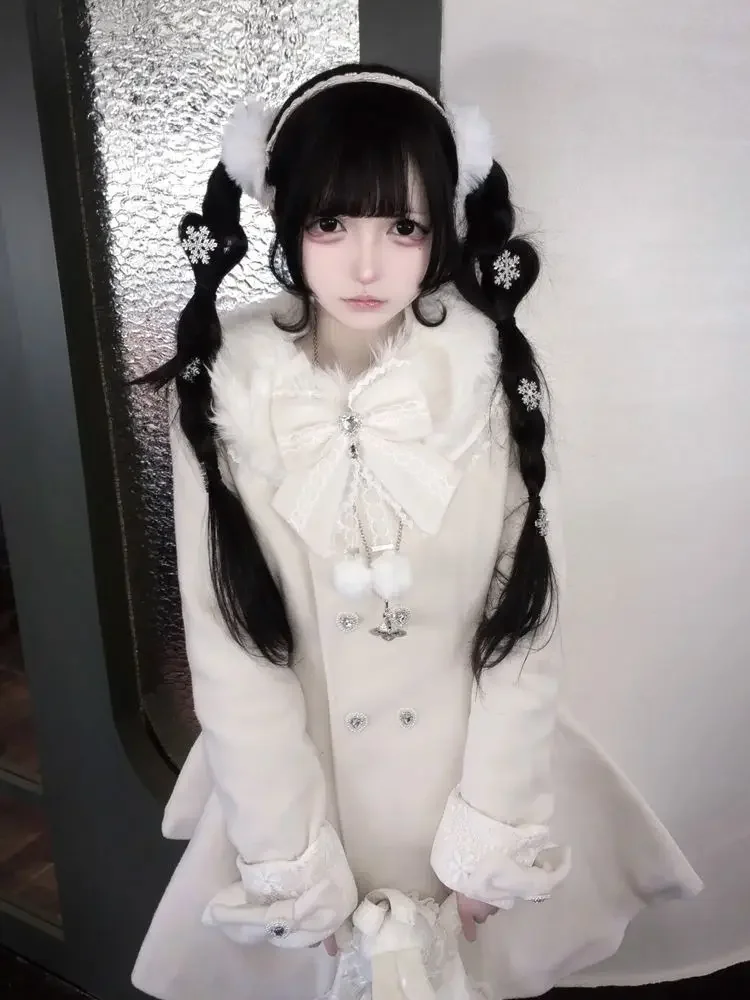 

Fairy Japanese Kawaii Cuteore Chaquetas Mujer Winter Coat Bow Detachable Fur Collar Wool Coat Long Chic Overcoat Jacket