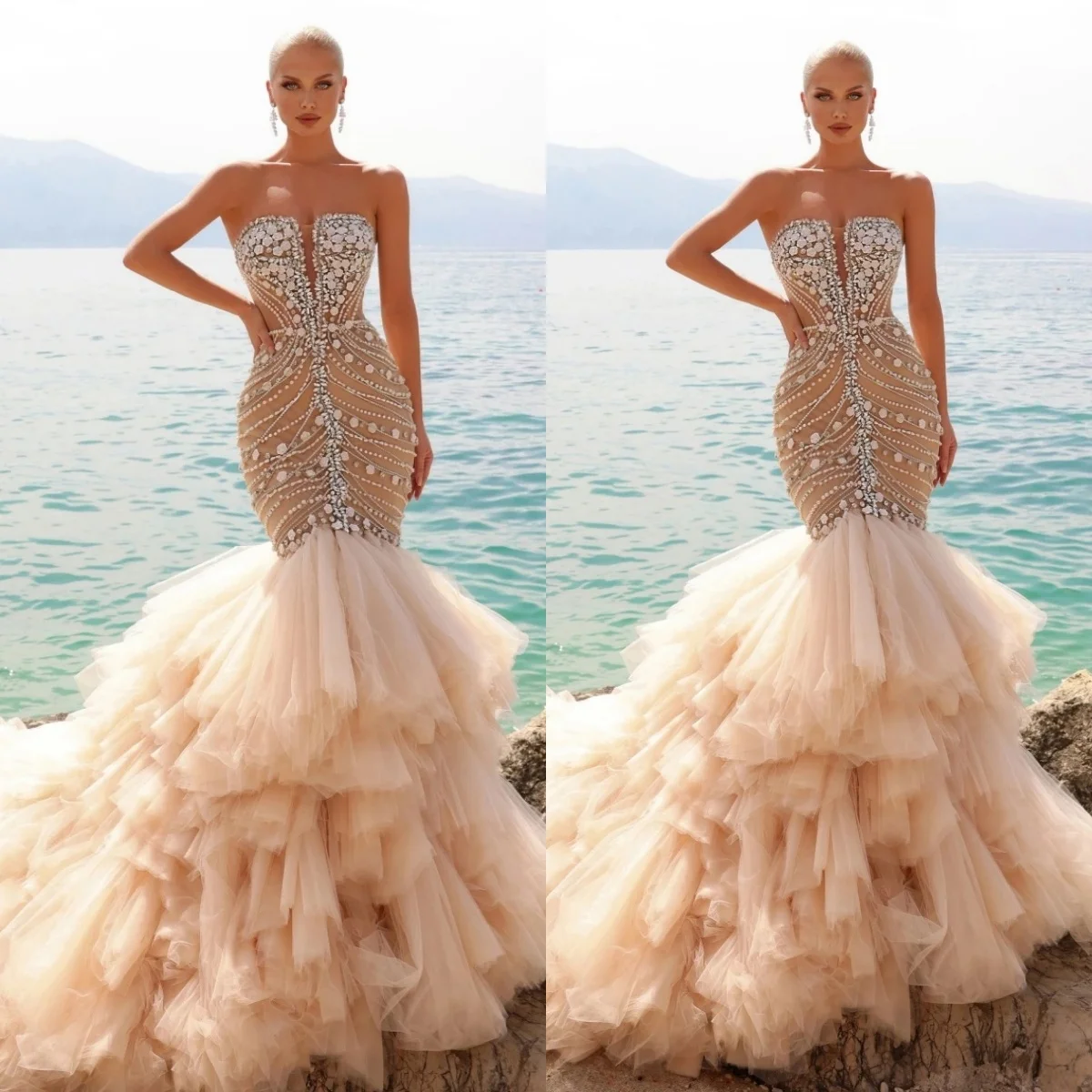 

Simple Strapless Beaded Mermaid Wedding Dress Elegant Beaded Pearls Bridal Gown Ruffle Tiere Bride Dresses Customized