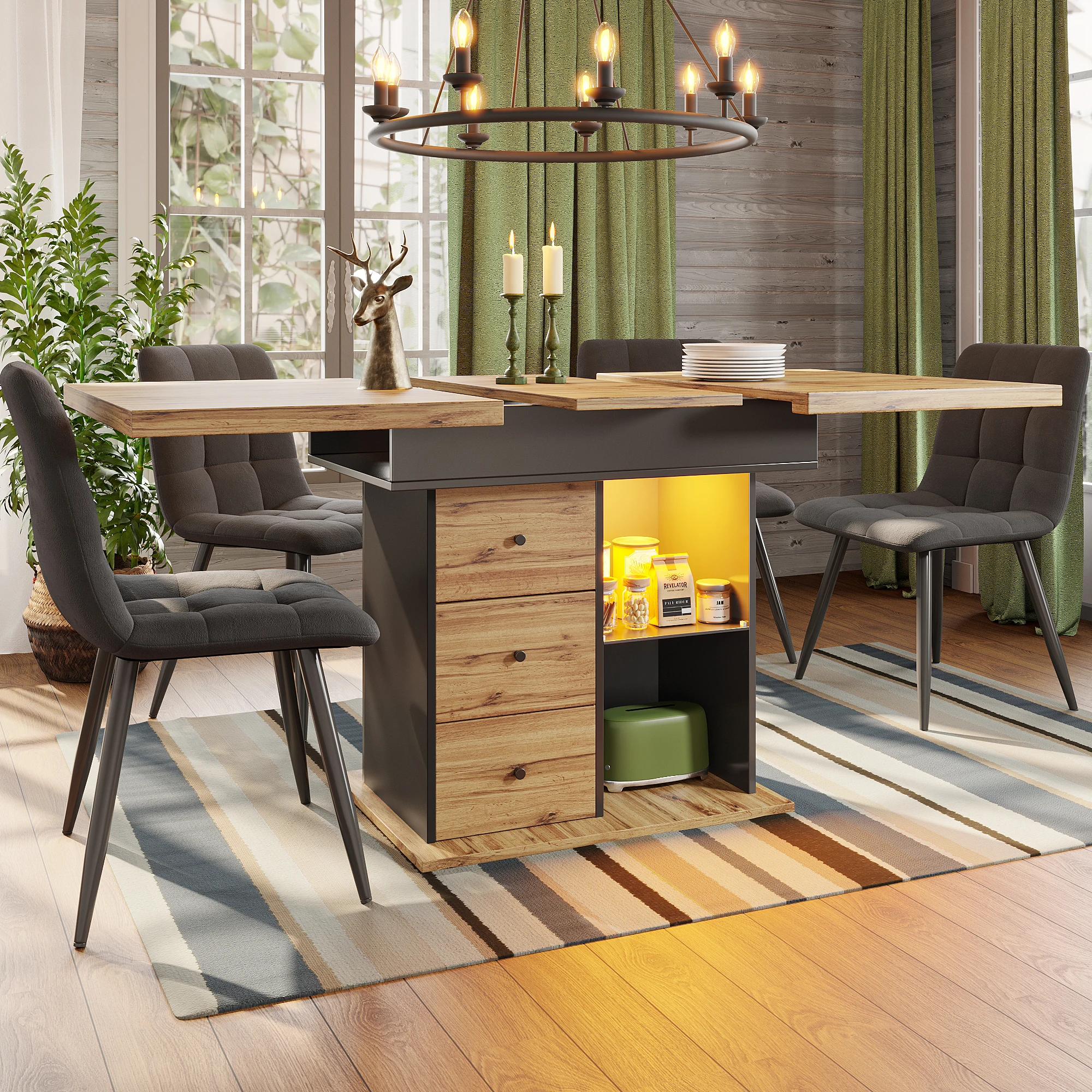 Table à manger extensible 4-6 personnes avec LED, USB et rangement, structure stable pour cuisine/salon, MDF Noir & Naturel