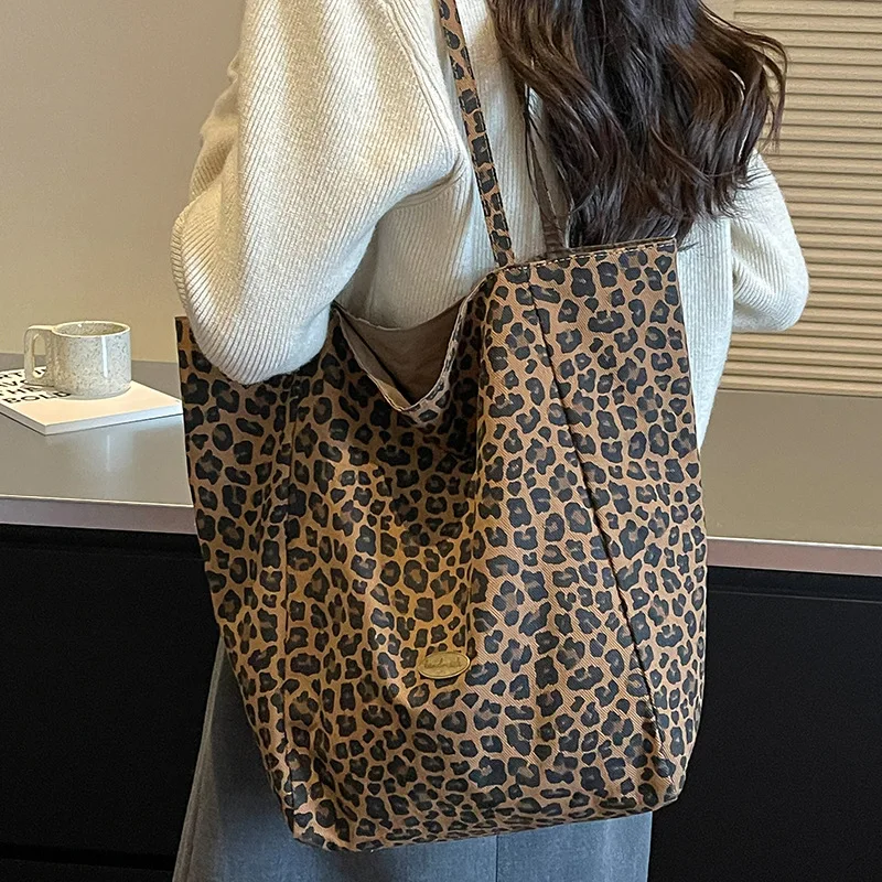 Large Capacity Lazy Style Leopard Print Shoulder Bag, Ins Korean Simple Tote Bag Casual Shopping Bag