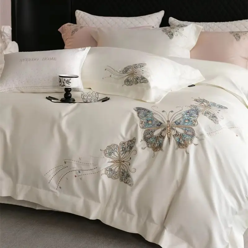 2025 New Luxury Butterfly Embroidery Bedding Set 1000TC Egyptian Cotton Duvet Cover Bed Sheet Set Or Fitted Sheet Pillowcases