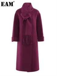 [EAM] Purple With Scarf Big Size Woolen Coat New Stand Collar Long Sleeve Women Jacket Fashion Tide Autumn Winter 2024 CPG2172