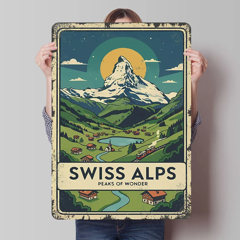 Swiss Alps Travel Tinplate Poster Customized Wall Art Vintage Retro Metal Signs for Aesthetic Decoration Room Home Decor Items