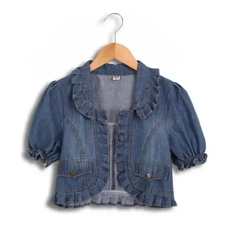 Vintage bleu Denim vestes à manches courtes coupe ajustée été femmes veste manteaux mignon Petter Pan col à volants doux femmes japonais