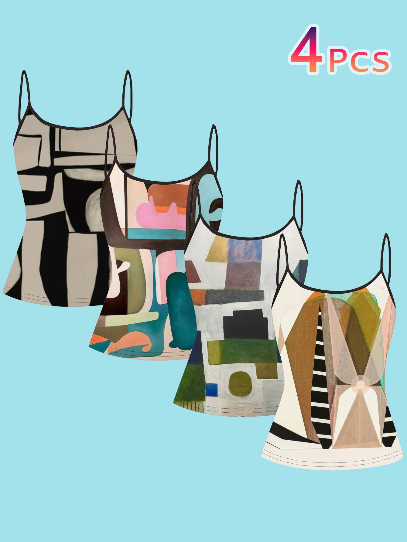 4-Piece Set of Women's Spaghetti Strap Camisoles with Modern Abstract Geometric Oil Painting Art Print, Slim-Fit Sleeveless Tops, Artistic Outerwear and Inner Layering Shirts