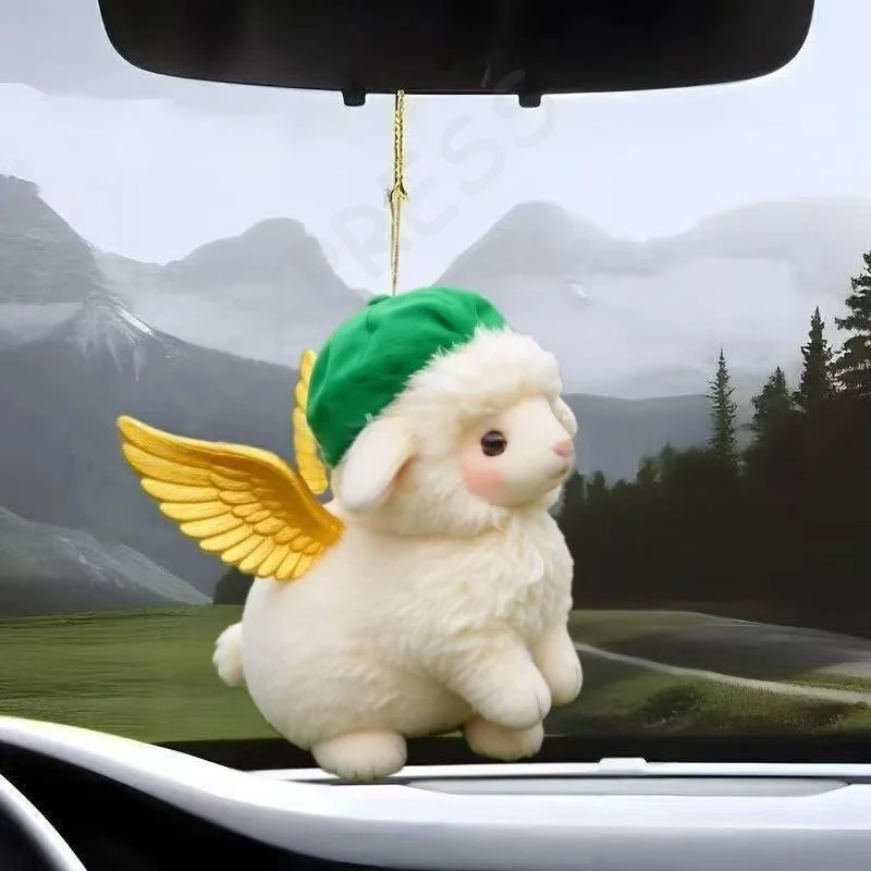 [G]Lovely Acrylic Sheep Car Rearview Mirror Pendant Mini Portable Hanging Charm for Christmas New Year Car Decor