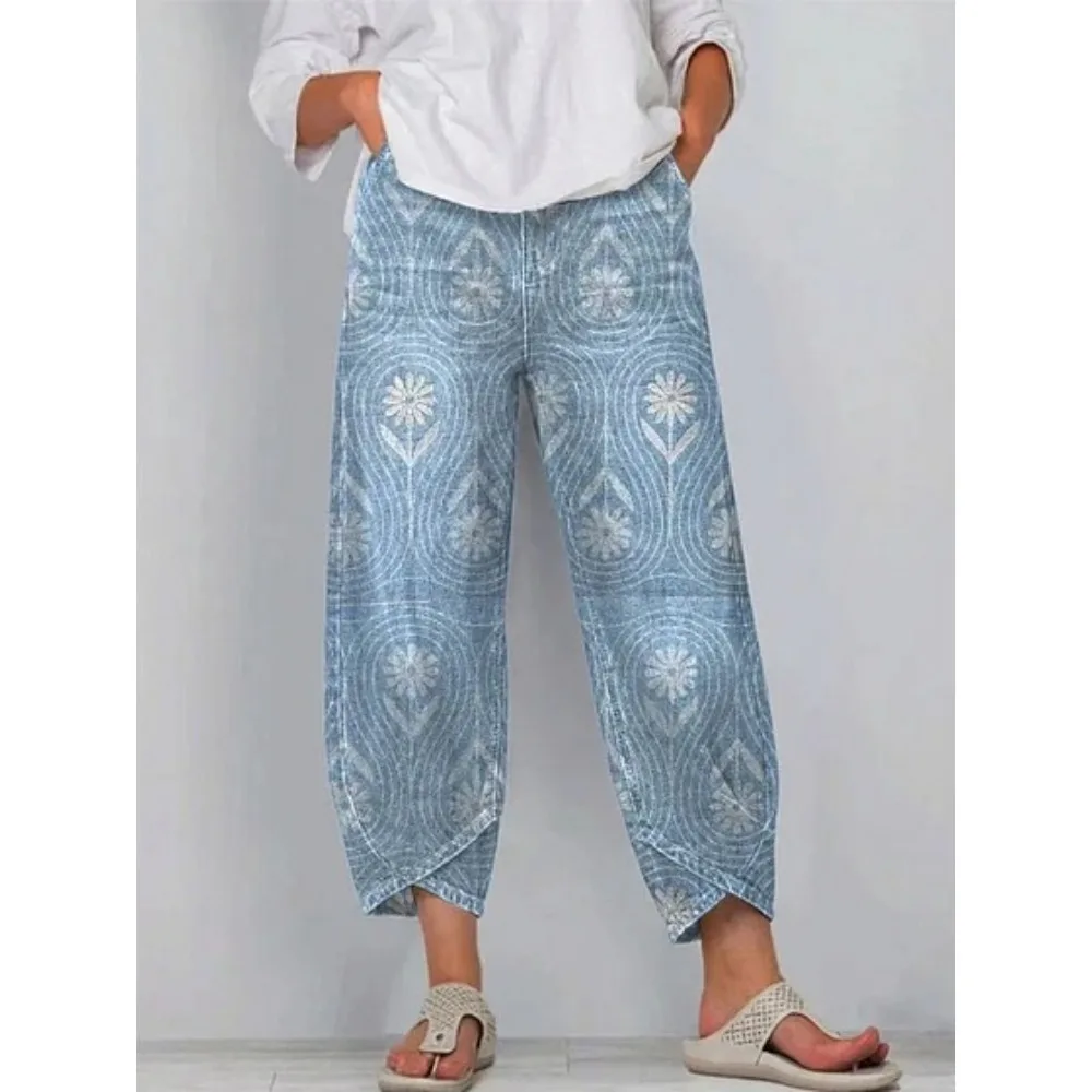 Vintage-Haremshose mit Rosenmuster, kurz geschnitten, lockere Tulpenform, knöchellang, lässige Hose für Zuhause, Loungewear, Urlaub – Detail 9