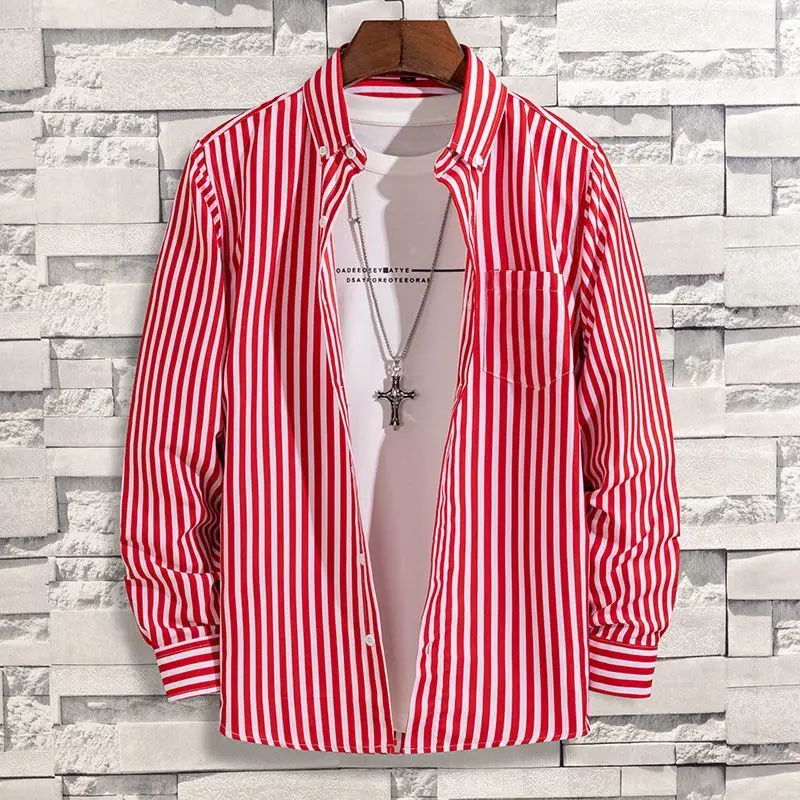 New Men\'s 2024 Spring and Autumn Splice Square Collar Button Stripe Fashion Loose Minimalist Versatile Casual Long Sleeve Shirts