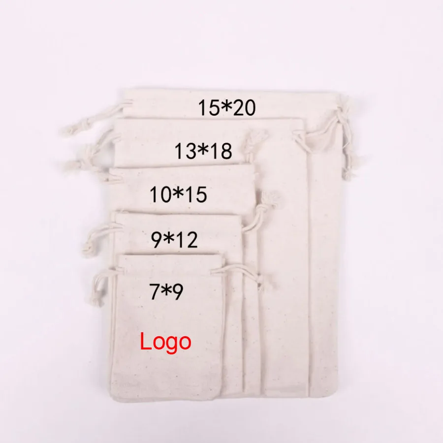 100pcs/Lot Natural Cotton Bags 7x9 9x12 10x15 13x18 15x20cm Drawstring Gift Pouches Home Storage Sacks Packing Bag Custom Logo