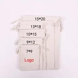 100pcs/Lot Natural Cotton Bags 7x9 9x12 10x15 13x18 15x20cm Drawstring Gift Pouches Home Storage Sacks Packing Bag Custom Logo