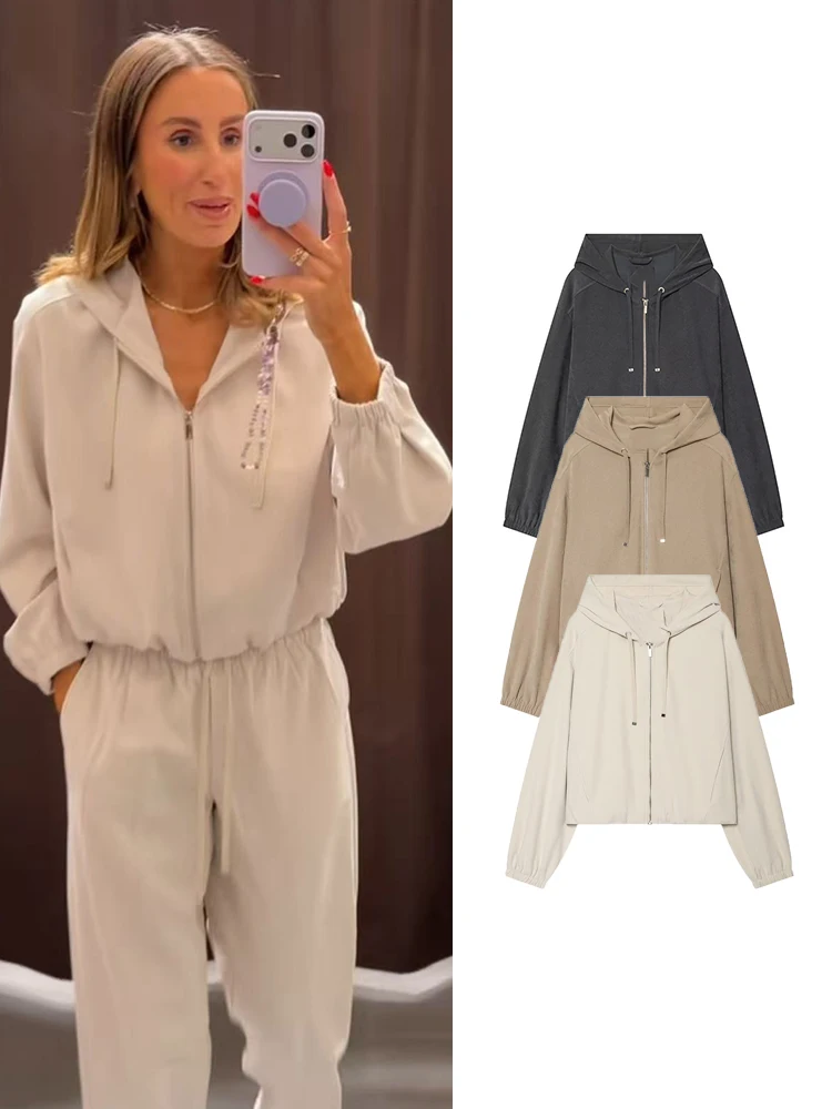 TFMLN Autumn Women Jacket With Hood Long Sleeve Solid Simple Style Zipper Jacket Coat Female Loose Casual Outerwear Tops