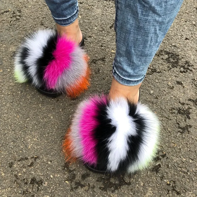 Wholesale New Arrivals Custom Logo Fluffy Real Fox Raccoon Fur Slippers Furry Fur Slides Vendor For Women Plush Flip Flops