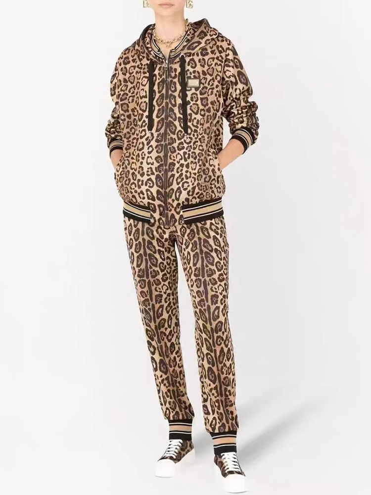 Vintage leopard print zipper hooded cardigan two-piece 2025 spring women's new + elastic waist nine-point pants fashion suit