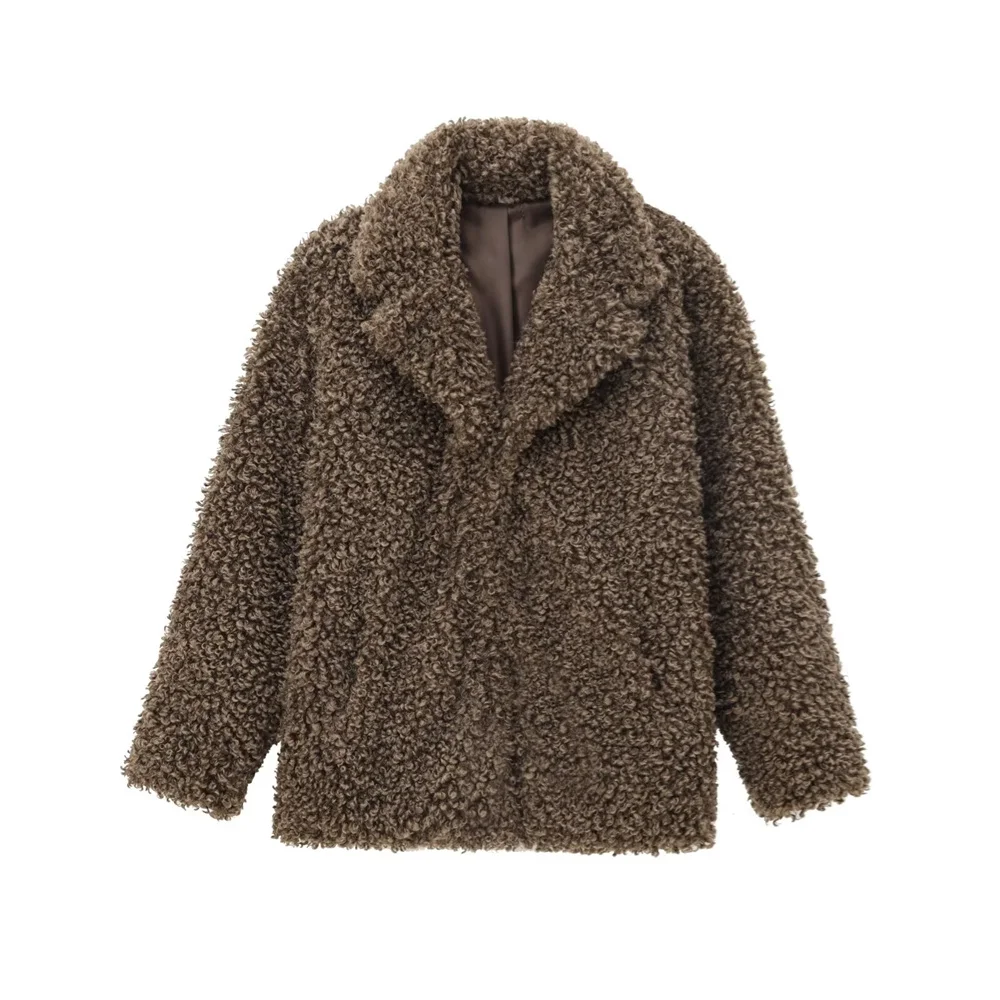 

UNIZERA Women's Short Solid Color Warm Fur Coat Autumn/Winter New Product: Collar Long Sleeve Fleece Loose Coat