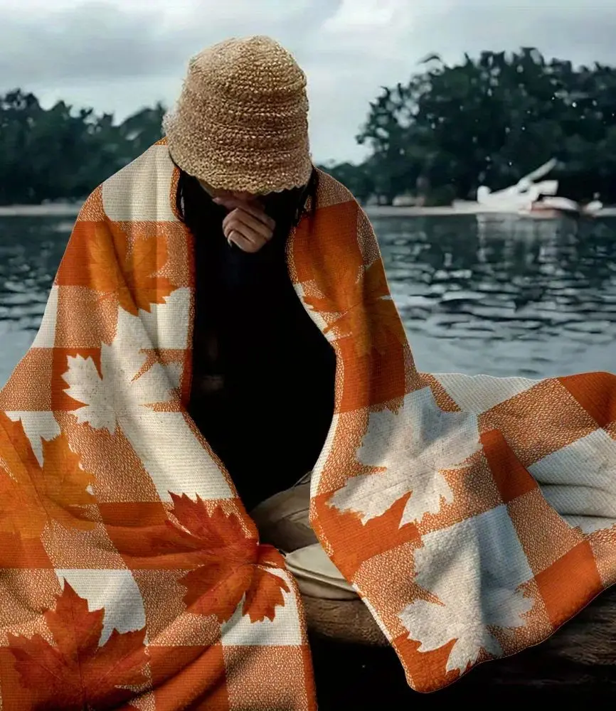 1pc Fall Harvest Festival Orange Plaid Maple Leaf Blanket, Warm Fleece Throw, Ideal Festive Decor for Thanksgiving & Autumn