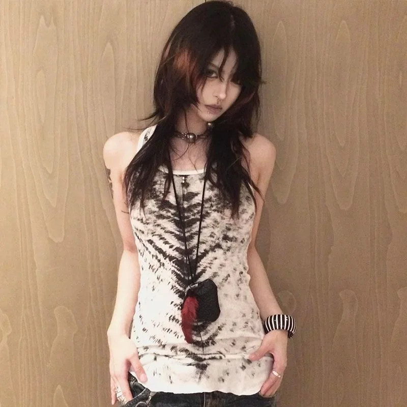 Y2K Grunge Fishbone Print Tank Top Women Vintage Sleeveless Racerback Vest Slim Fit Long Camisole Streetwear Aesthetic Goth Tops