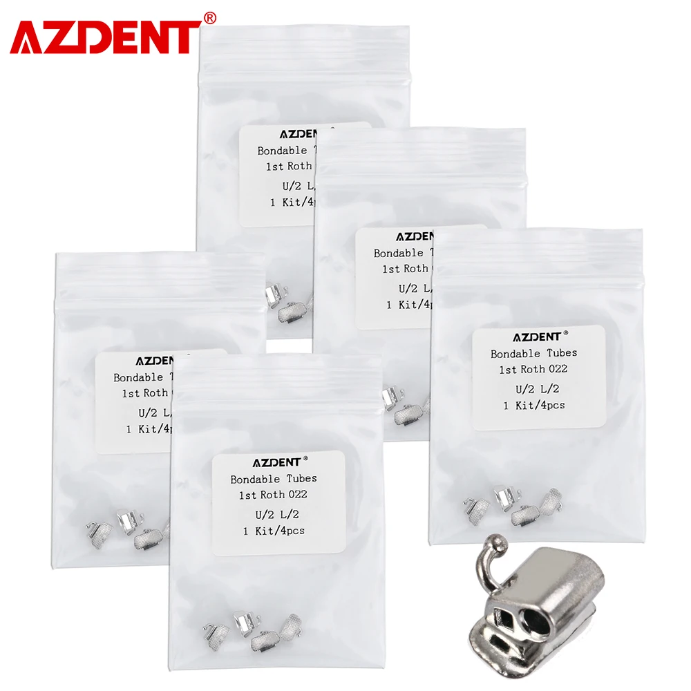 AZDENT 5 Bags Dental Orthodontic Bondable Non-Convertible Mesh Base Buccal Tube 1st Molar Roth/MBT 022 Double Tube