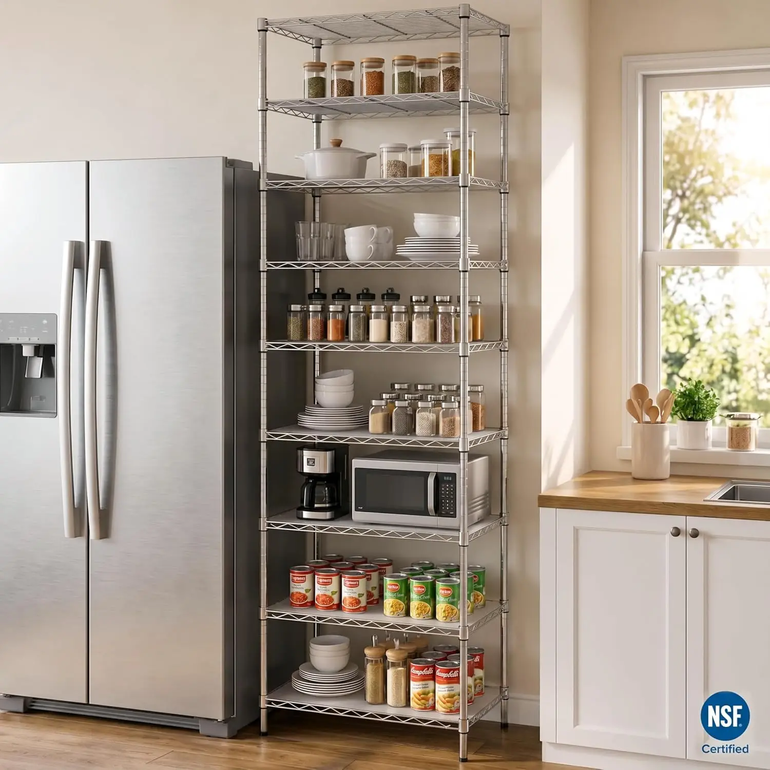Nine Shelf Chrome Wire Rack Unit Adjustable Metal Storage Shelving With Mat NSF