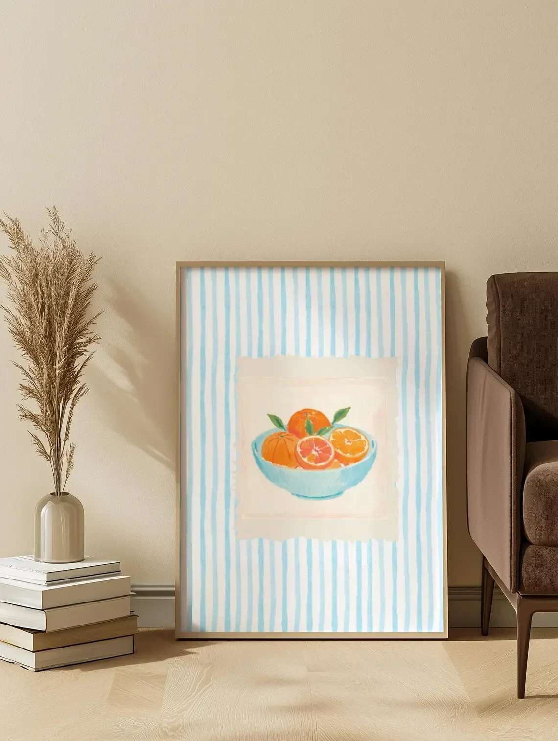Serene Citrus Still Life Wall Art - Dreamy Watercolor Print Capturing the Warmth of Fresh Oranges. The cool blue stripes and sof