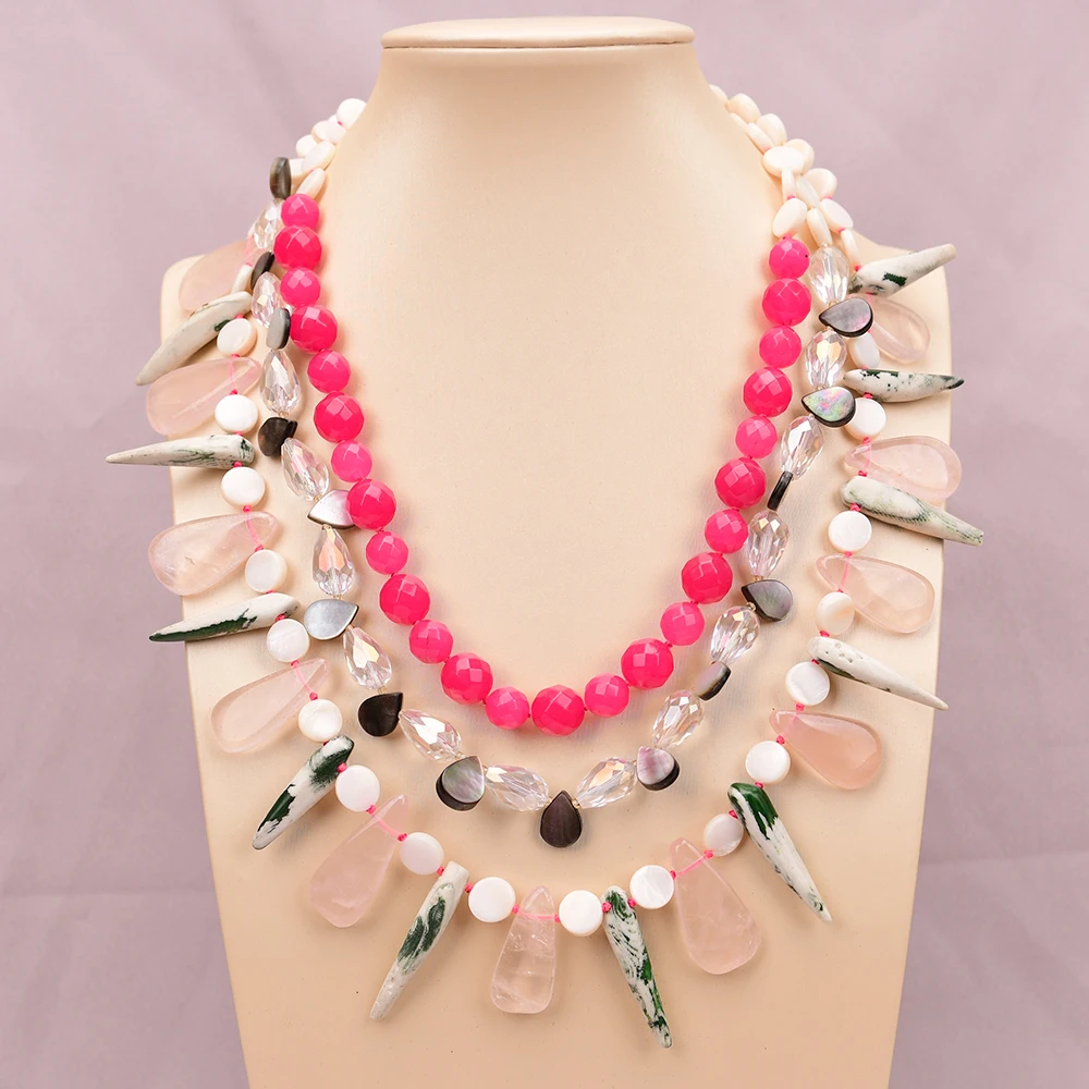 

APDGG A40 3-рядное ожерелье ручной работы из натурального смешанного камня, нефрита, кварца, коралла, многожильное ожерелье