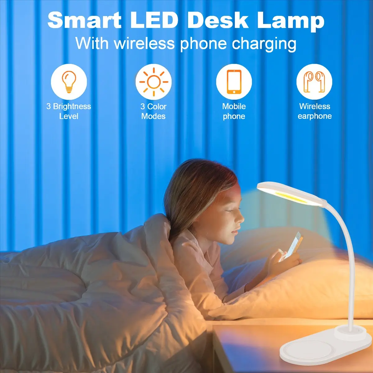 popop Dimmable LED Desk Lamp with Wireless Charger, Wireless Charging Desk Light Flexible Rotation Press Control Night Light